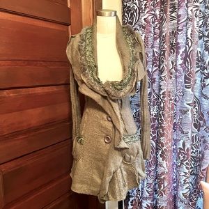 Forla Paris boho embellished wool cardigan sweater…bell sleeve…rabbit fur collar